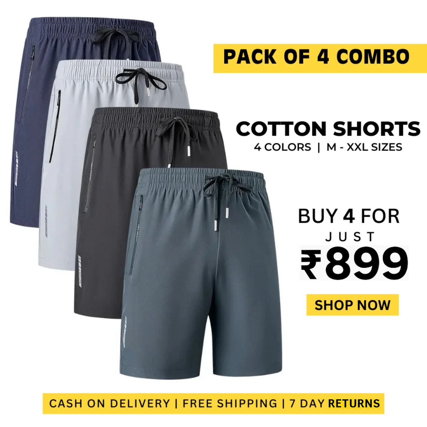 Combo of 4 Men's Stretchable Premium Cotton Shorts for summers ☀️(₹199/piece)