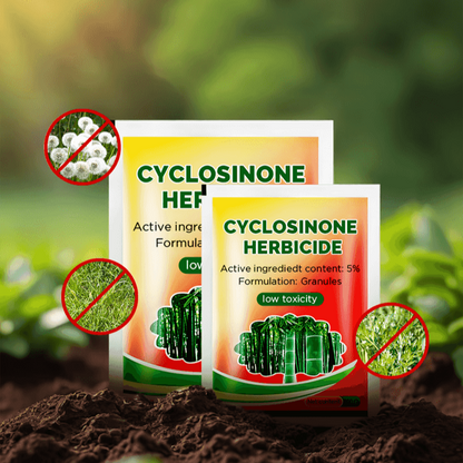 Two packages of Cyclosinone Herbicide on soil with greenery in the background