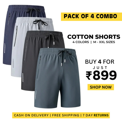 Combo of 4 Men's Stretchable Premium Cotton Shorts for summers ☀️(₹199/piece)